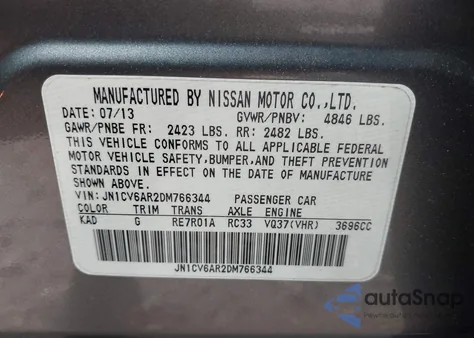 2013 Infiniti G37X z USA, uszkodzony, nr VIN JN1CV6AR2DM766344